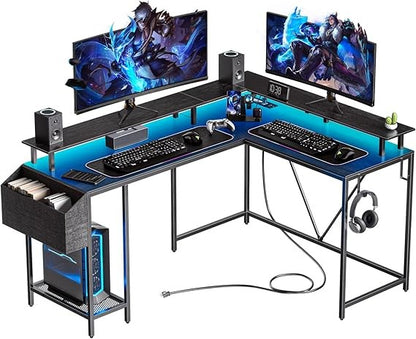 53inch L Shaped Desk,L Shaped Gaming Desk with Power Outlets & LED Lights, Computer Desk with Monitor Stand & Storage Bag, Home
