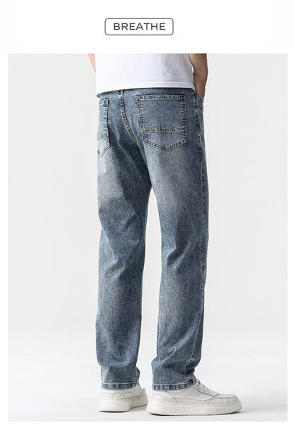 Calça Jeans Masculina Clássica Solta Reta Wide Leg de Sarja Lavada de Alta Qualidade Masculina Fina Fresca Elástica Masculina Casual de Caimento Regular