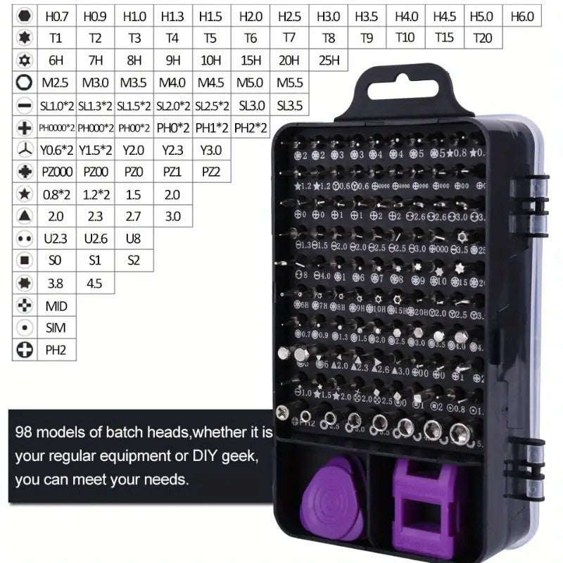 Chave de Precisão Roxa 115 Combinada com 1 Conjunto de Ferramentas Multifuncionais para Reparo Doméstico para Celulares, Relógios, Computadores e Outros Itens