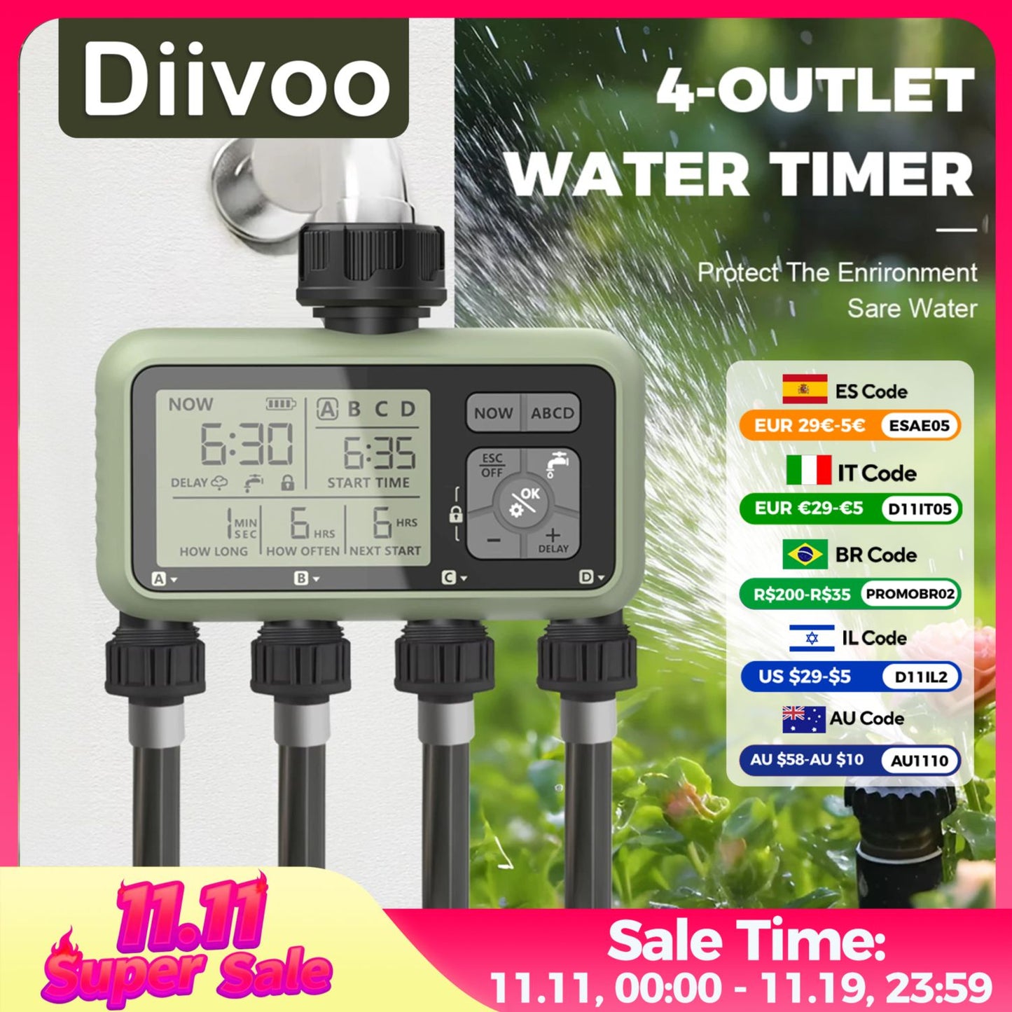 Diivoo Water Timer 4 Zone Garden Programmable Automatic Irrigation Timer with Rain Delay Manual/Auto Mode Watering for Lawn Yard