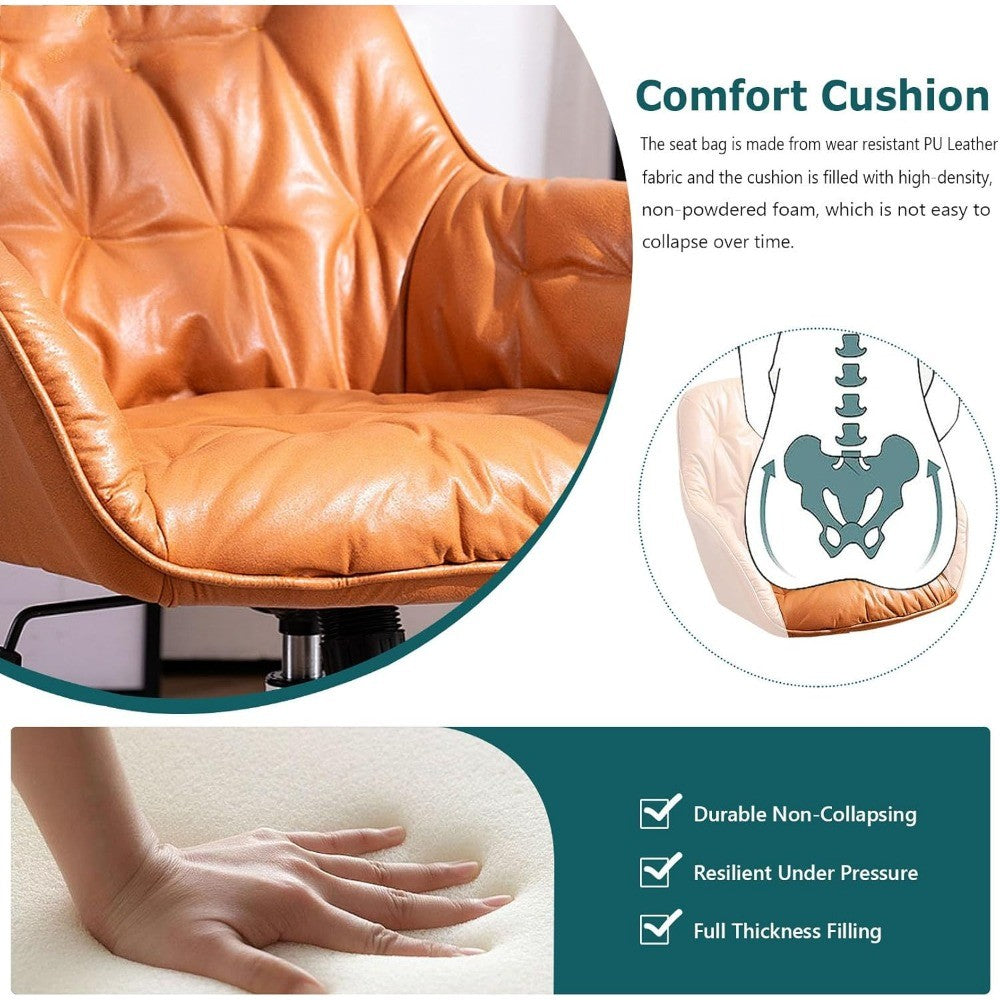 Leather Office Chair, Mid Century Desk Chair with Wheels and Ergonomic Armrests, Adjustable Height Swivel Rolling Task Chair,