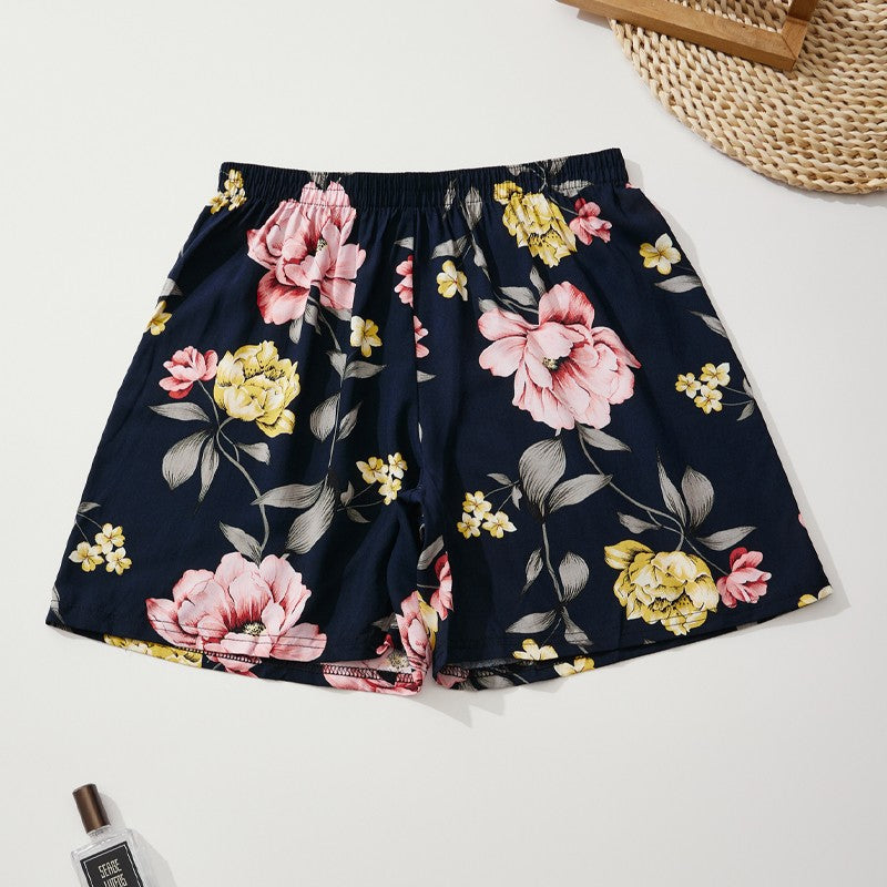 Women's Summer Shorts Floral Checkered 100% Viscose Loose Home Shorts Comfortable Soft Casual Shorts Elastic Waist