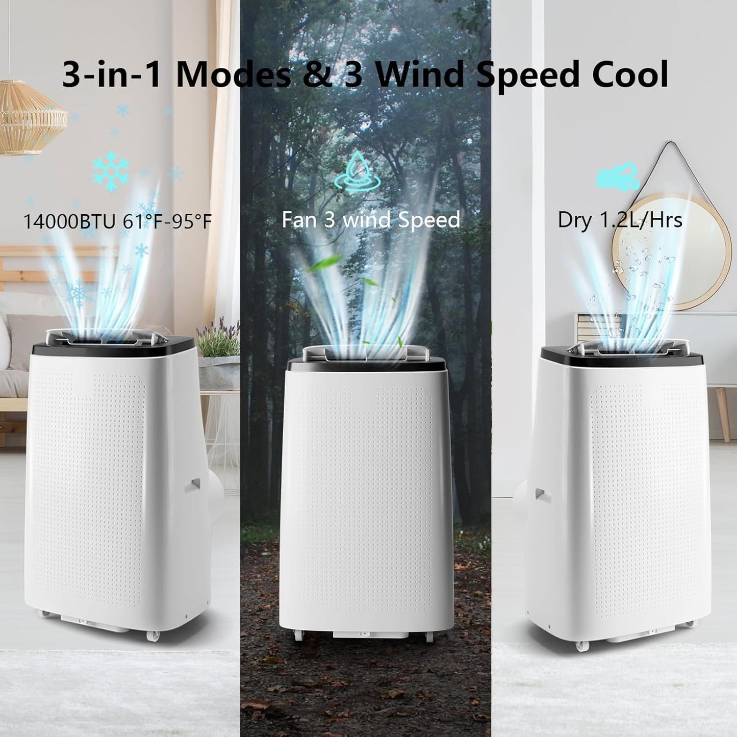 Ar Condicionado Portátil 14000BTU com Controle Remoto, 3 em 1 com Modos Seco e Ventilador para Ambientes de até 70m²