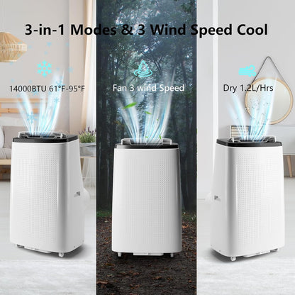 Ar Condicionado Portátil 14000BTU com Controle Remoto, 3 em 1 com Modos Seco e Ventilador para Ambientes de até 70m²