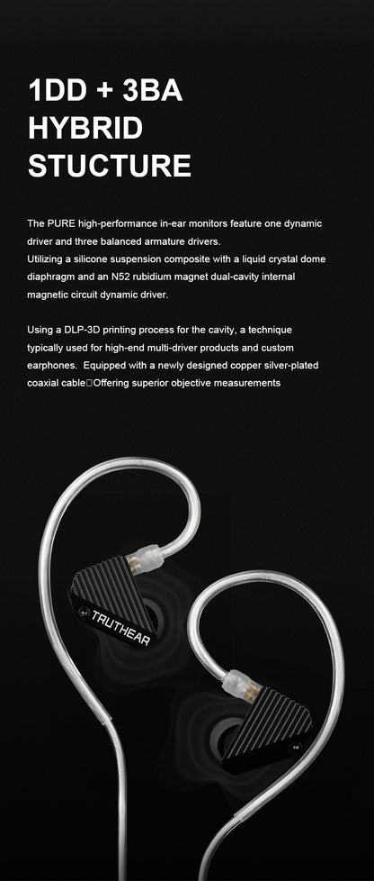 TRUTHEAR PURE earphones 1DD+3BA Hybird Wired in-ear  headphones HIFI earplugs 3.5mm plug 0.78mm 2pin gaming headset