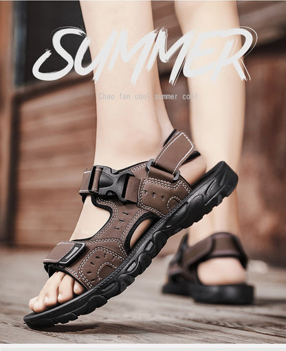 Summer Men Sandals PU Leather Lightweight Open Toe Flat Mens Casual Shoes Outdoor Walking Sandals for Men Beach Shoes Size 39-46