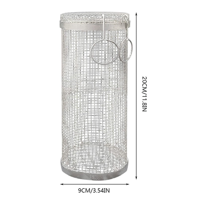 BBQ Basket Stainless Steel Rolling Grilling Basket Wire Mesh Cylinder Grill Basket Portable Round Outdoor Camping Barbecue Rack