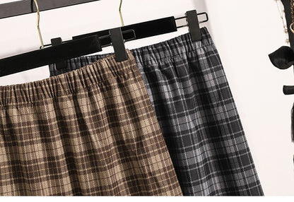 Plus Size Skirt Women 2024 Autumn Winter High Elastic Waist A Line Gray Or Khaki Plaid Skirt Korean Casual Long Skirts Womens