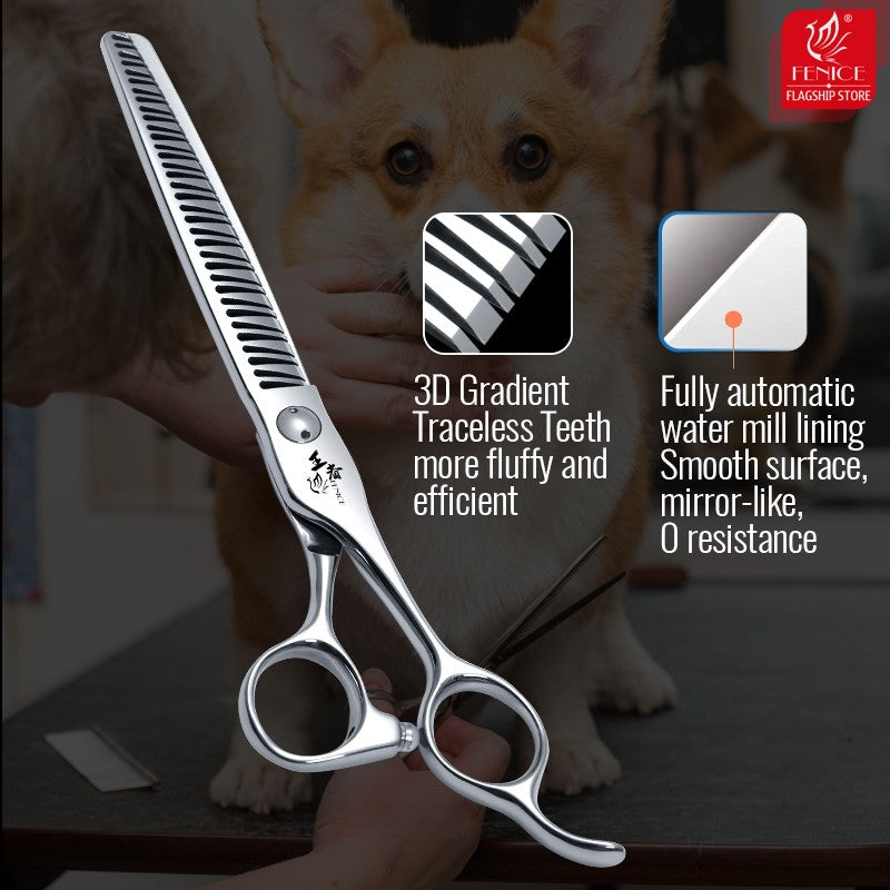 Fenice Tesoura para Tosar Pet Chunker Curva/Reta de 7.0 Polegadas com Dentes 3D Sem Marca de Aço VG10, Parafusos de Rolamento