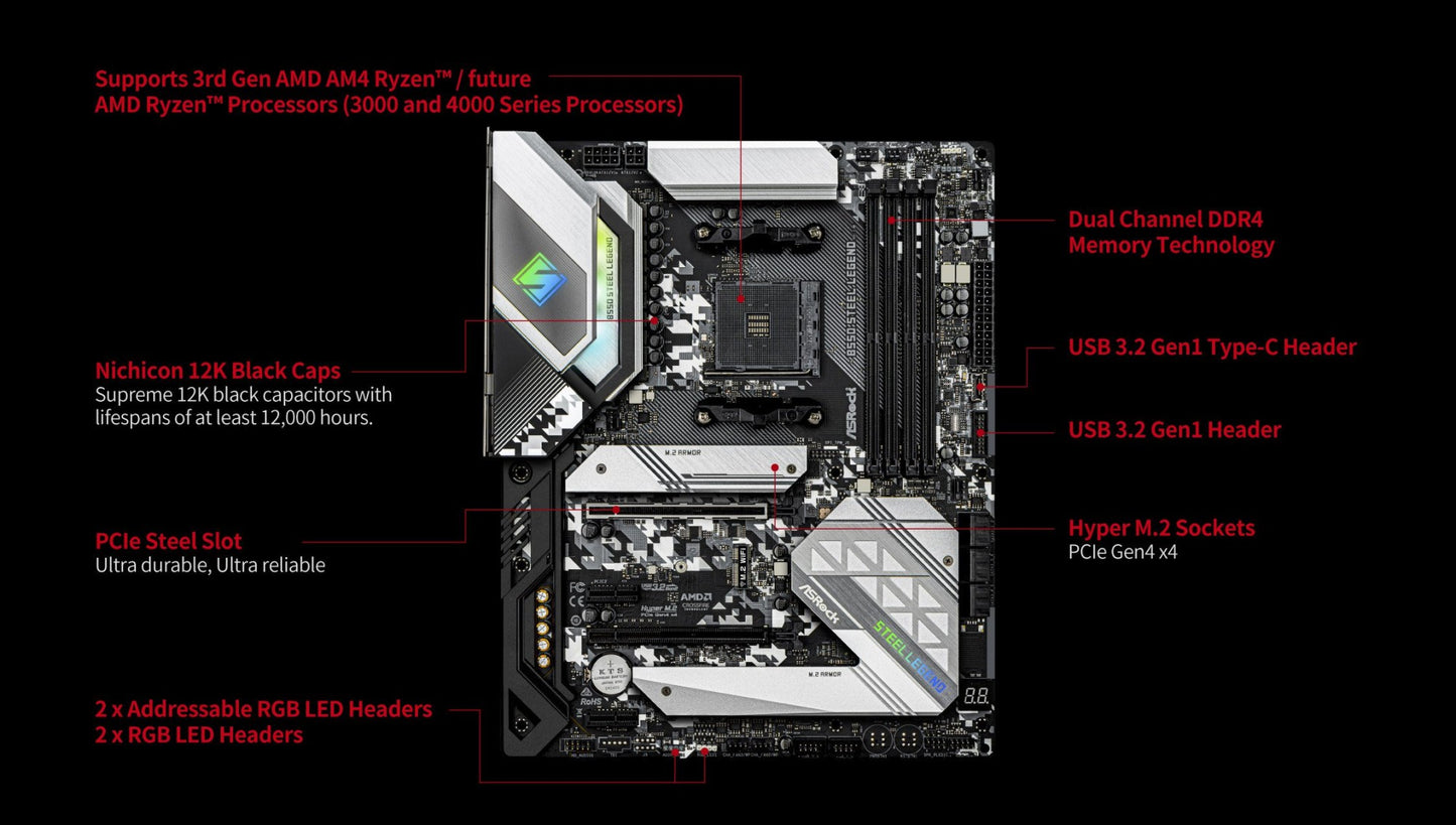 ASRock Brand New B550 Steel Legend Motherboard AMD AM4 Support 5800X3D 5700X 5600G CPU 4xDDR4 4533MHz 128GB M.2 HDMI PCIe4.0 ATX