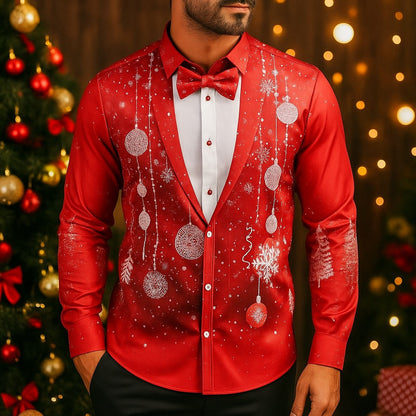 Men's Christmas Snowflake Formal Shirts 3D Printed Tie Design Elegant Tuxedo Style,Holiday Party Wedding Attire,Spring Fall Wear