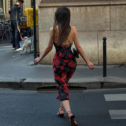 Flowers Print Spaghetti Strap Dresses Women Temperament Package Hip Bodycon Long
