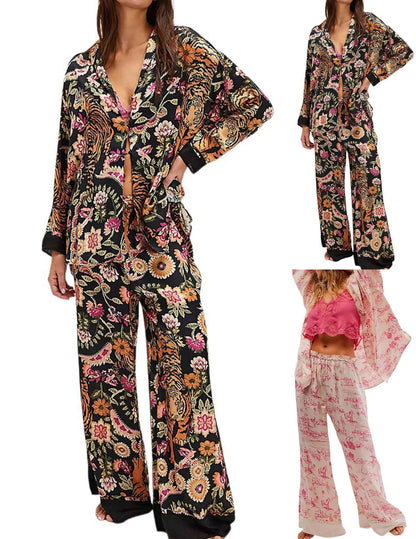 Women Satin Pajamas Set 2 Piece Western Cowgirl Silk Pjs Wide Leg Pants Button Down Loungewear