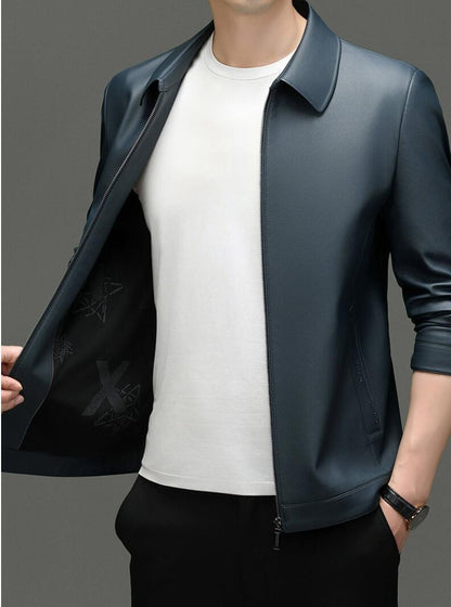 2025 Fall And Winter Models Men's Jacket Lapel Business Casual PU Leather Jacket Thin Thick Black Lake Blue