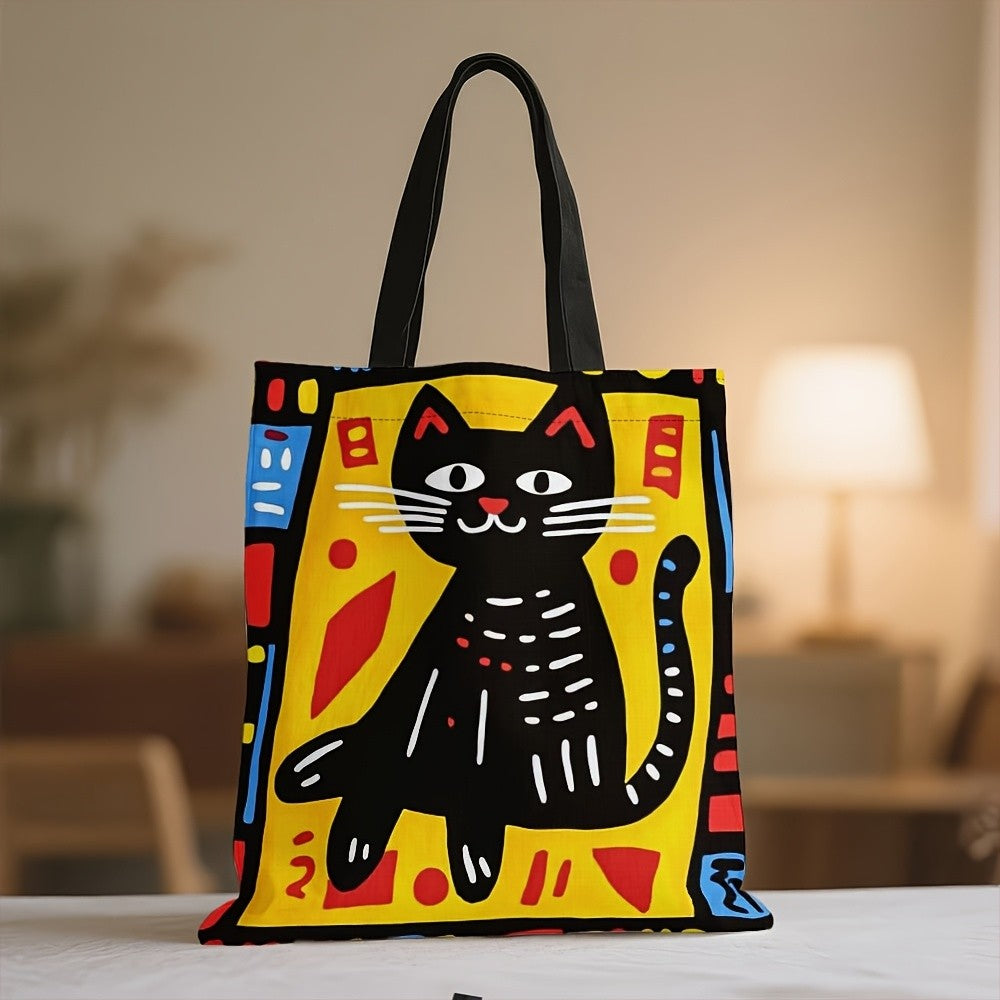 1pc Graffiti Cat Polyester Tote Bag, Durable Rectangle Shopping Bag, Ideal for Easter, Ramadan