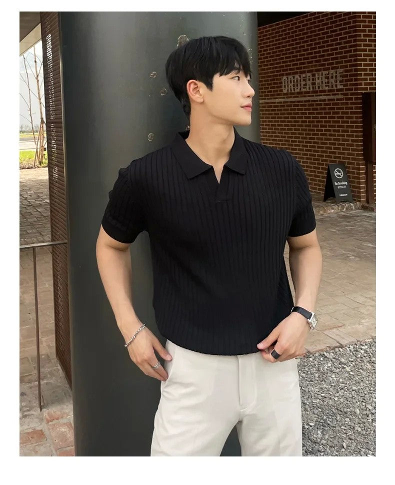 Trendy Polo Shirt For Men Summer Solid Color Top Versatile Knit Style Korean Short Sleeves Casual Fashion T-shirt