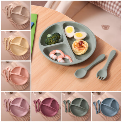 3PCS Children's Tableware Set Baby Eating Food Training Silicone Tableware Set Baby Sucker Feeding Dishes Plate With Spoon Fork
