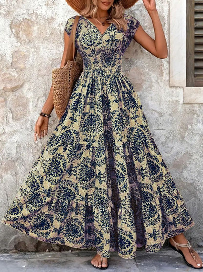2025 vintage printed dress fashionable and elegant V-neck short sleeved jumpsuit long skirt women's clothing