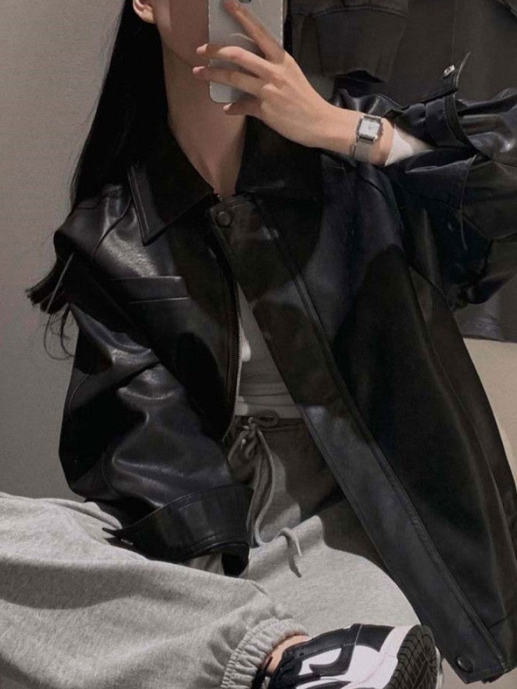 Sli Loose PU Leather Jaet Women's Chic Retro Collar Versatile BF Sle Motorcycle Clothes Trendy Long Sve Zipper