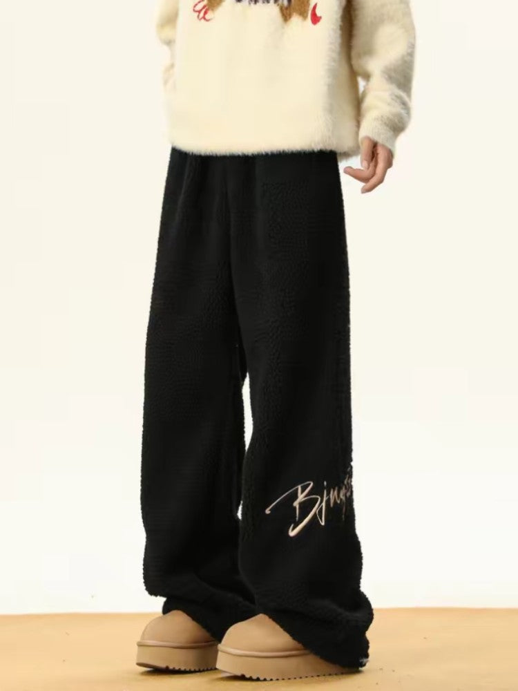 Women's Embroidered Flannel Sweatpants American Lamb Fleece Cotton Thickened Warm Couple Skiing Pants Autumn