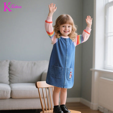 New Girls' Dress  Round Neck Children's Princess Dress Denim Fabric Toddler Kids Clothing 4-8Y