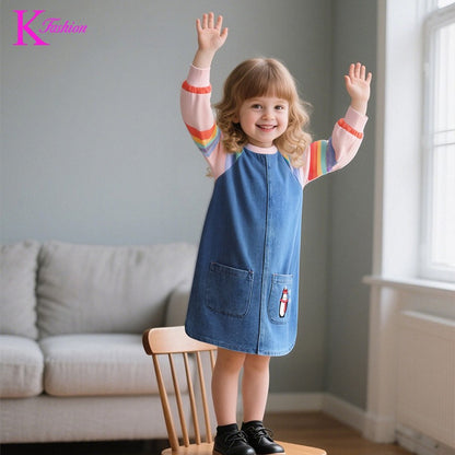 New Girls' Dress  Round Neck Children's Princess Dress Denim Fabric Toddler Kids Clothing 4-8Y