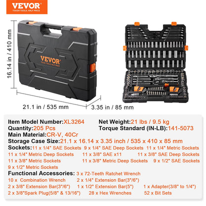 Conjunto de Ferramentas e Soquetes SucceBuy para Mecânica Soquetes Profundos e Padrão 145/205 Peças Conjunto de Ferramentas para Mecânica SAE e Métrico com Bits