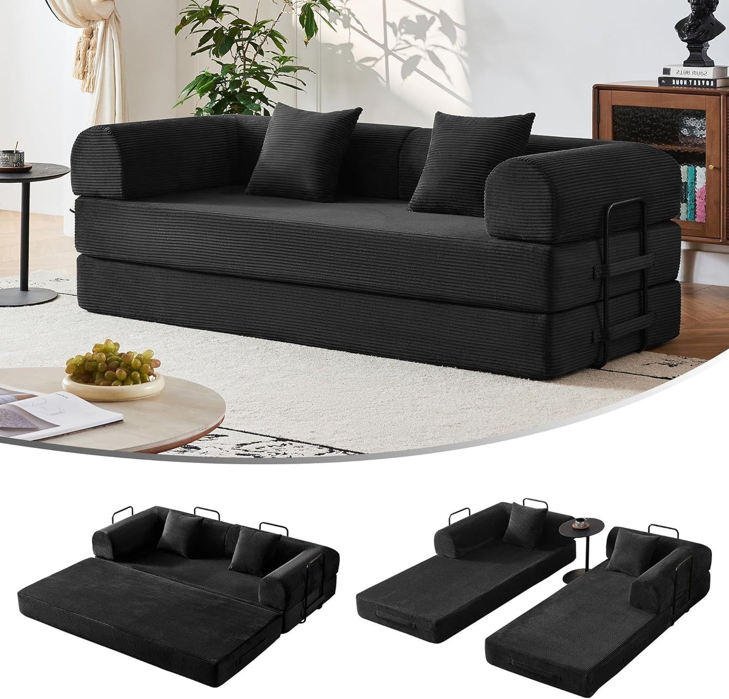 79" Convertible Sofa Bed, Corduroy Convertible Sleeper Sofa Bed, Boneless Couch with Fixed-Shape Frame, Floor Sofa Modular Couch
