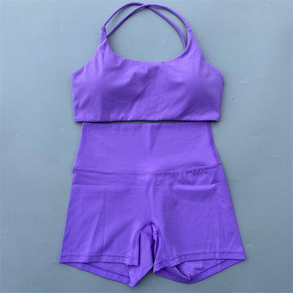 Yoga Shorts Set Gym Two Piece Sports Set Women Workout Outfit Fitness Suit Cross Straps Bra High Waist Shorts Running Tracksuit