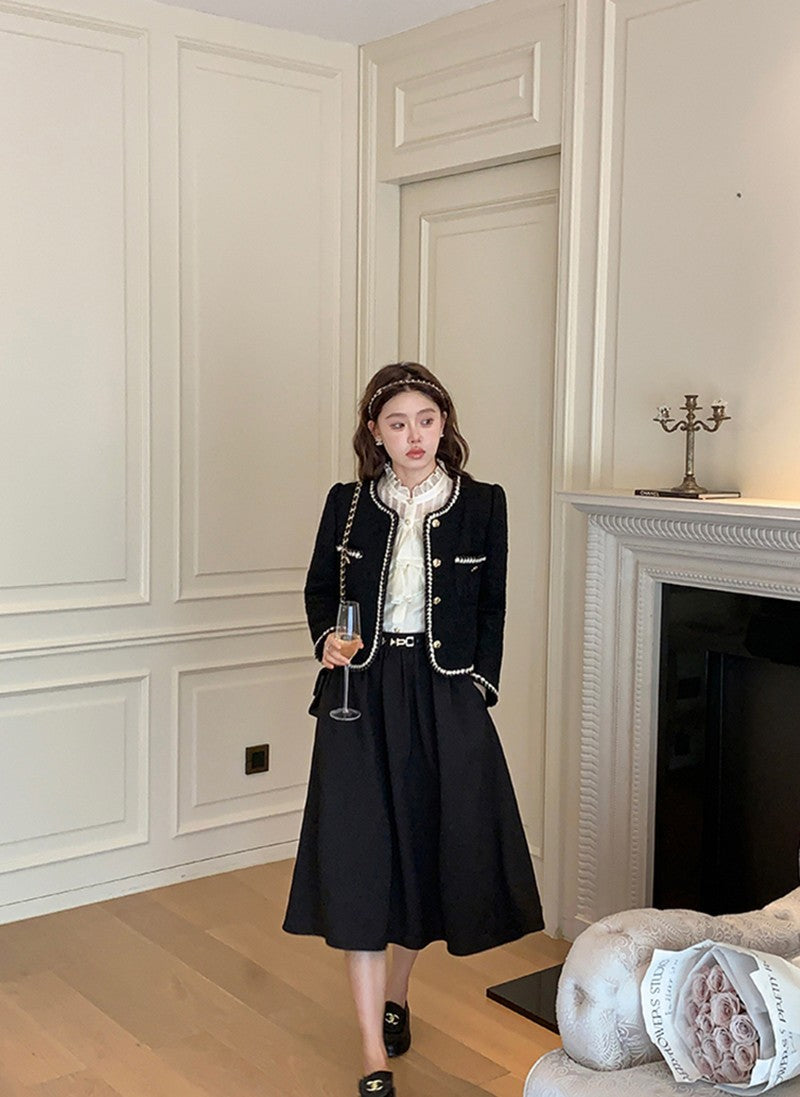 Vintage Cropped Tweed Jackets Women Elegant Black Thicken Coat Korean Single Breasted Blazer Casual Warm Short Outerwear Tops