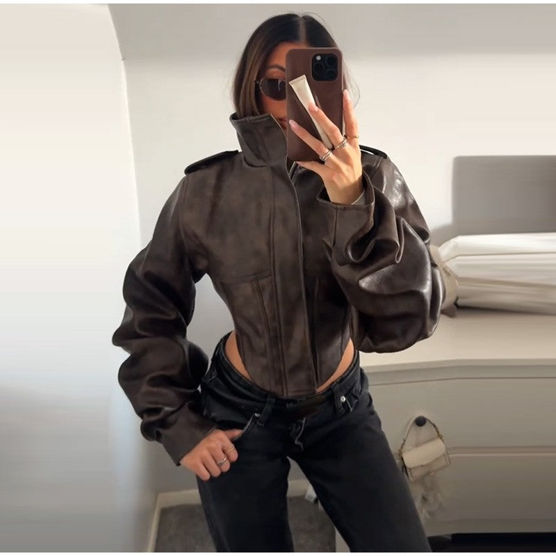 Vintage Women's Cropped Faux Leather Jacket Stand Collar Balloon Sleeve Biker Style PU Leather Coat Streetwear Fashion Outfit