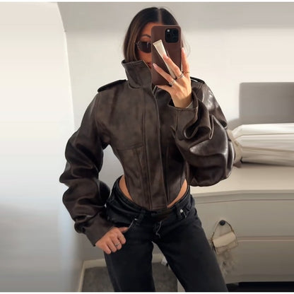 Vintage Women's Cropped Faux Leather Jacket Stand Collar Balloon Sleeve Biker Style PU Leather Coat Streetwear Fashion Outfit