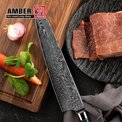Conjunto de Facas de Cozinha Amber Hot selling 67 Camadas de Aço Damasco Lâmina Super Afiada Fio 10Cr15CoMoV com Cabo de Resina e Madeira