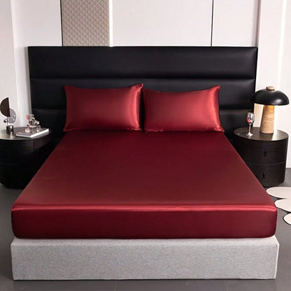 2/3pcs Luxurious Solid Silky Satin Fitted Sheet With Pillowcases For Soft And Comfortable Bedding,For Bedrooms And Guest Rooms