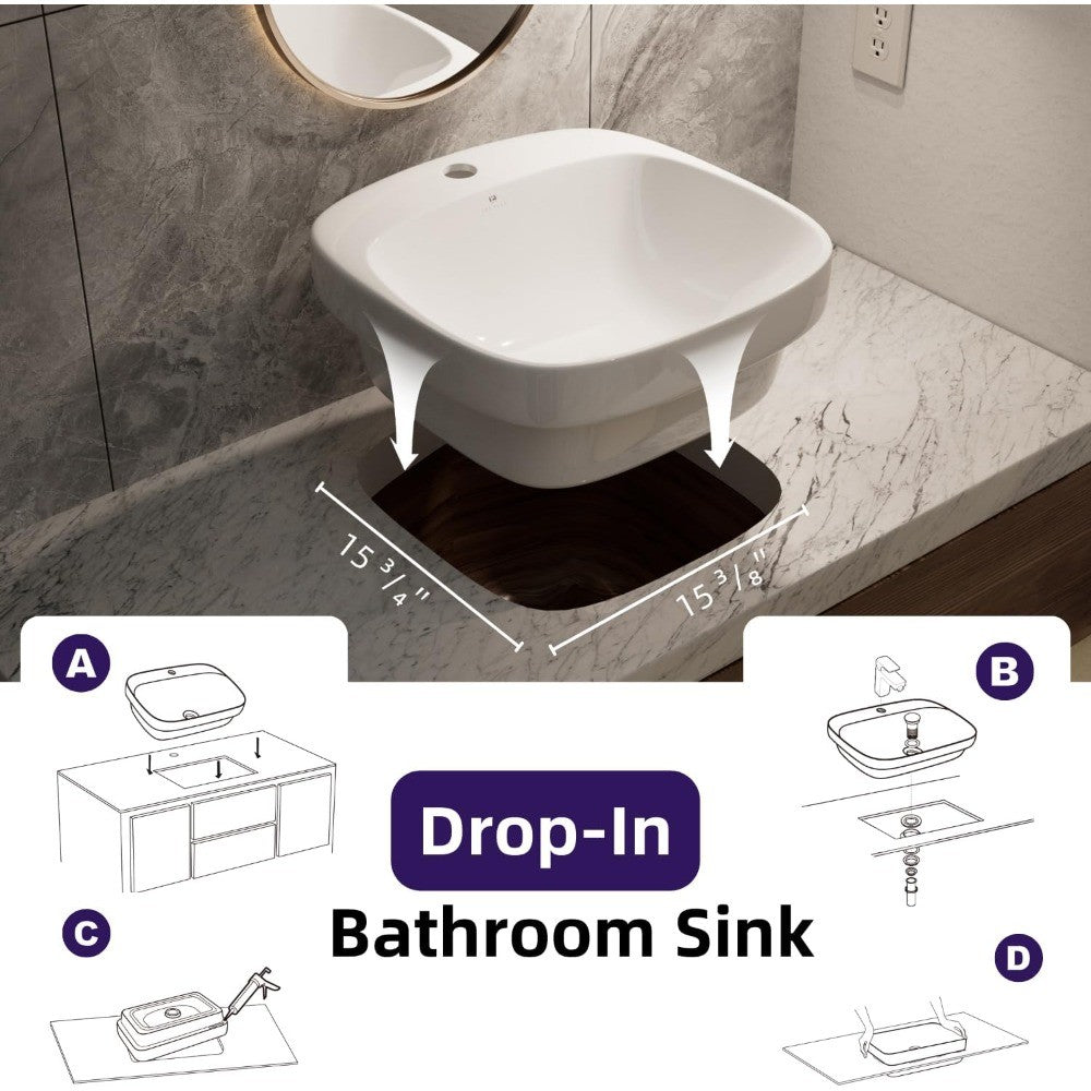 17L x 17D Drop-In Bathroom Sink with Included Pop-Up Drain, Semi-recessed Bathroom Sink for Vanity, Modern Square