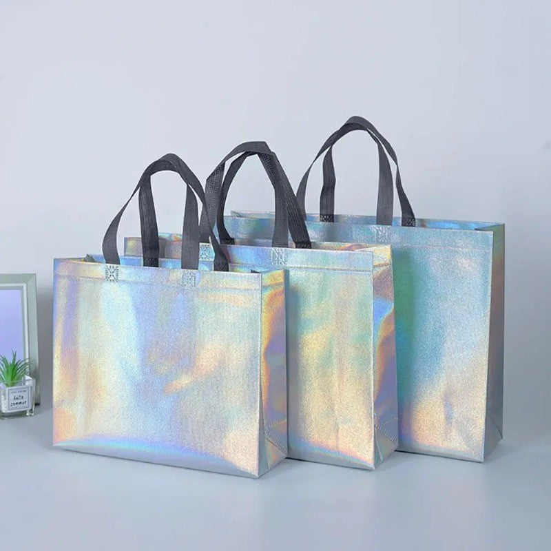 10Pcs Reusable Silver Laser Tote Bag Durable Non Woven Gift Shopping Bag for Wedding Bridesmaid Party Birthday Eco Friendly