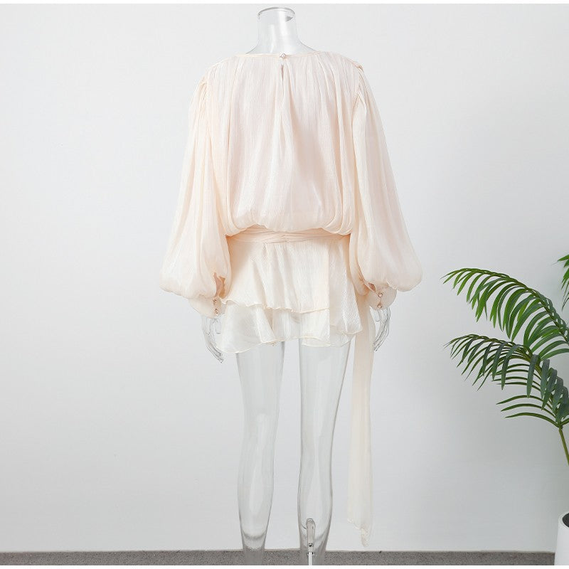 Elegant Ruffles Shiny Mini Dresses Fashion Solid Long Sleeve Lace Up V Neck Plea