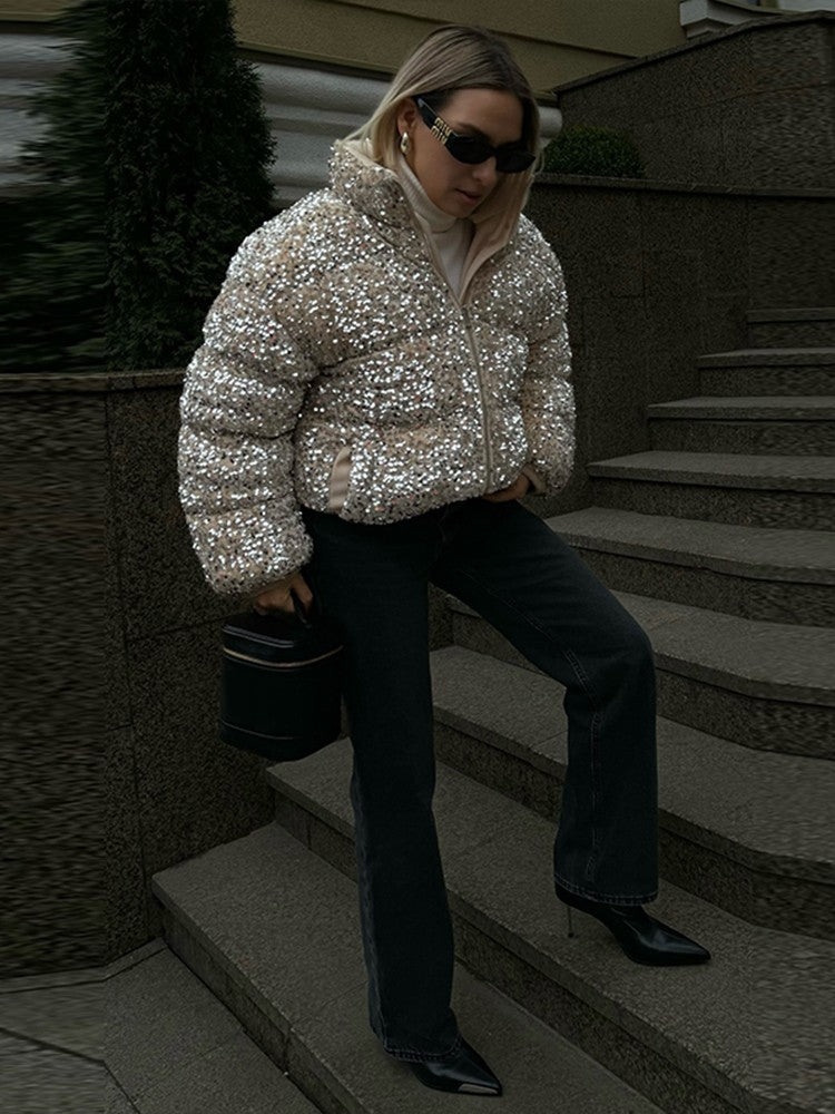 Sparkly Women's Sequin Puffer Jacket Oversize Cropped Stand Collar Zip-Up Party Coat Fashion High Street Female Winter Outerwear