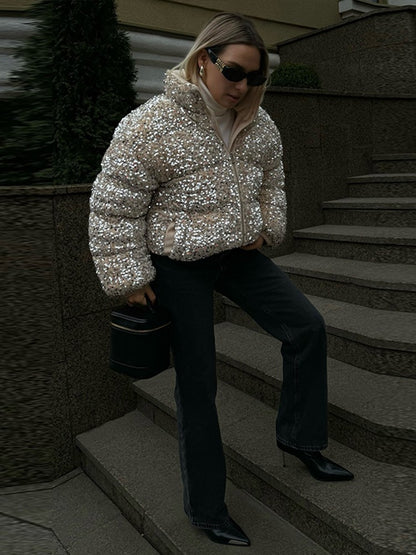 Sparkly Women's Sequin Puffer Jacket Oversize Cropped Stand Collar Zip-Up Party Coat Fashion High Street Female Winter Outerwear