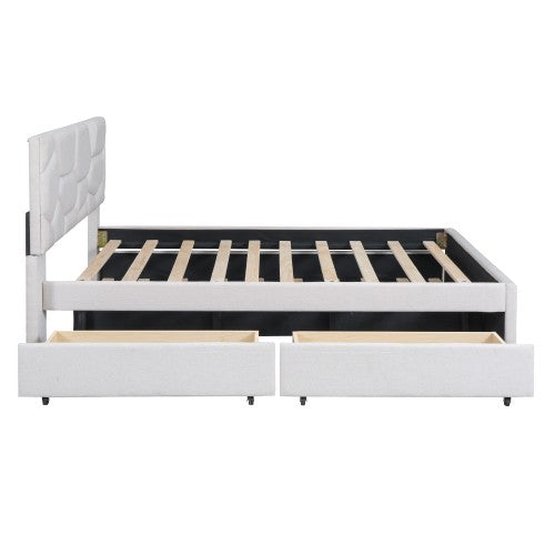 Full Size Upholstered Platform Bed , with Twin Size Trundle and 2 Drawers, Linen Fabric, Beige