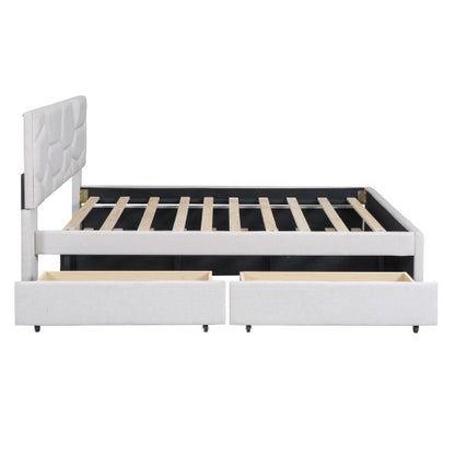 Full Size Upholstered Platform Bed , with Twin Size Trundle and 2 Drawers, Linen Fabric, Beige