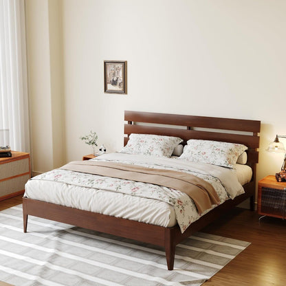 Wood Queen Bed Frame with Headboard, Mid-Century Modern Solid Wood Platform Bed with Solid Wood Legs & Wooden Slat Support, Stur