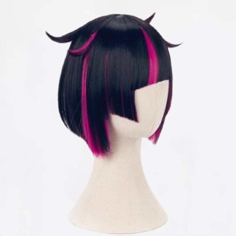 Lilia Vanrouge Cosplay Wig Black Purple Mixed Short Heat Resistant Synthetic Hair Halloween Party Anime Wigs + Wig Cap + Ears