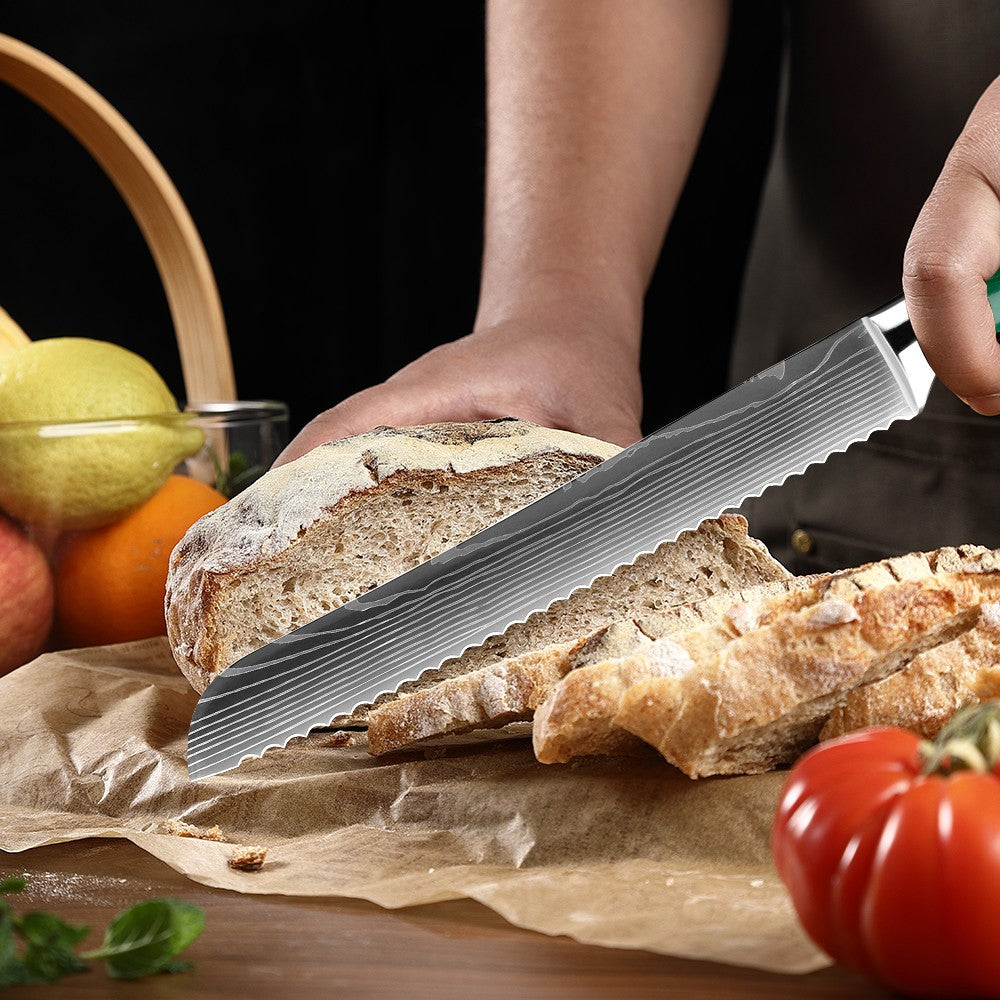 Conjunto de Facas de Cozinha, Conjunto de 15 Facas com Bloco de Madeira, Faca com Padrão Damasco a Laser em Aço de Alto Carbono Japonês com Facas de Bife