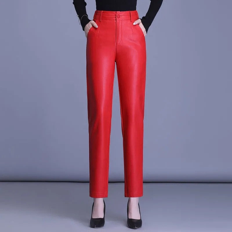 2023 Spring Autumn Sheepskin Pants Women High-waist Straight Pants Slim Lady Genuine Leather Casual Trousers Ankle-Length Pants