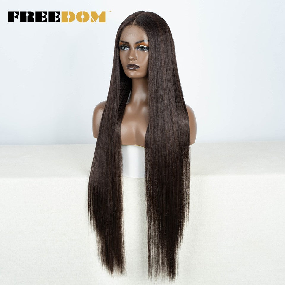 Peruca frontal de renda sintética FREEDOM para mulheres, 38 polegadas, longa, lisa, ombré, marrom, vermelho, gengibre, destaque, perucas frontais de renda, peruca de cosplay