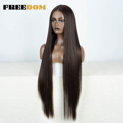 Peruca frontal de renda sintética FREEDOM para mulheres, 38 polegadas, longa, lisa, ombré, marrom, vermelho, gengibre, destaque, perucas frontais de renda, peruca de cosplay