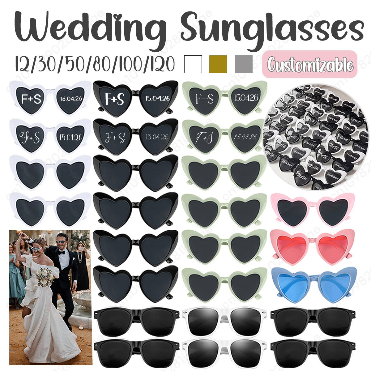 12-120Pcs Custom Wedding Sunglasses Personalised Heart Shaped Sunglasses Wedding Party Favors for Guest Date Initials Custom