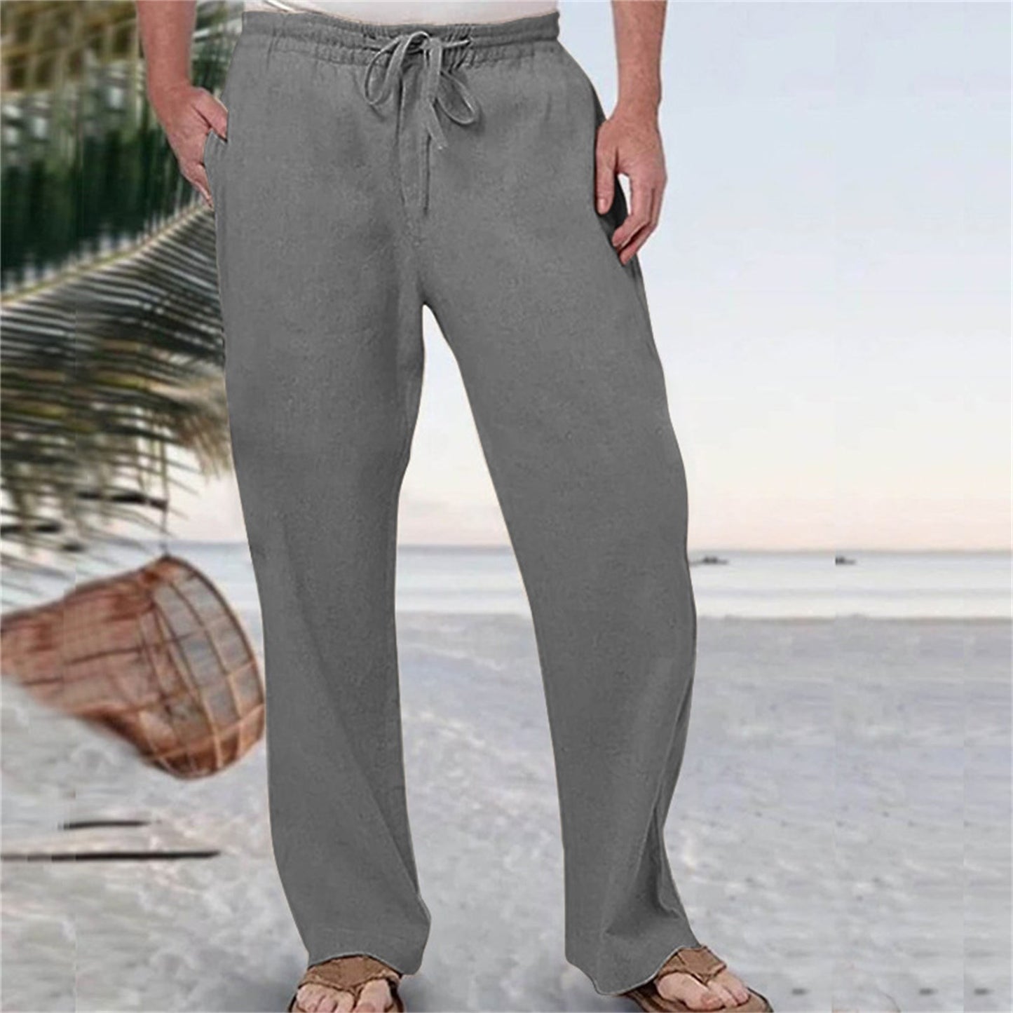 Mens Fashion Casual Pants Solid Color Breathable Cotton Linen Elastic Waist Straight Pants With Pockets Large Size White Pants