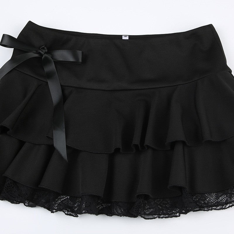 Goth Y2K Black Lace Trim Bow A Line Mini Skirt Women Korean Streetwear